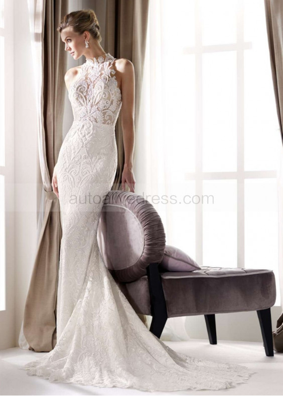 High Neck Ivory Lace Sheer Back Wedding Dress